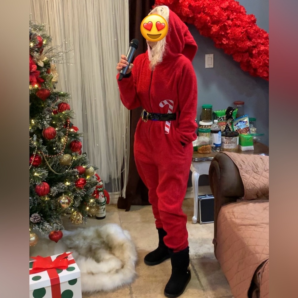 Red Hooded Jumpsuit with Candy Cane Detail